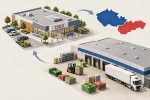 Illustration of a Tesco store, distribution centre, lorry and Czech and Slovak map shapes