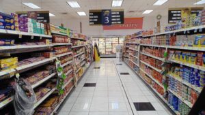 Grocery food shelves inside a US commissary supermarket